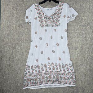Vintage-Inspired White Midi Dress With Geometric Floral Embroidery By Lapoge M